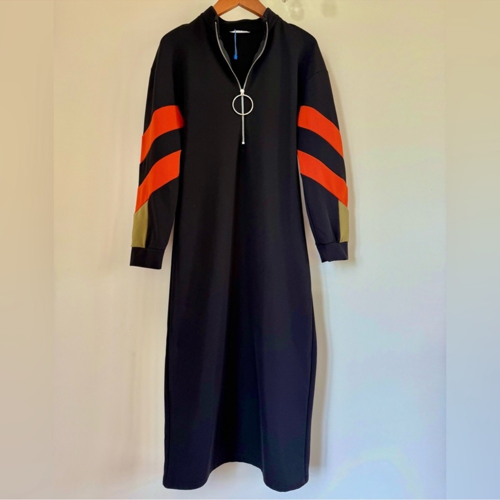 Zara Black Long Dress with Orange and Olive Sleeve Stripes